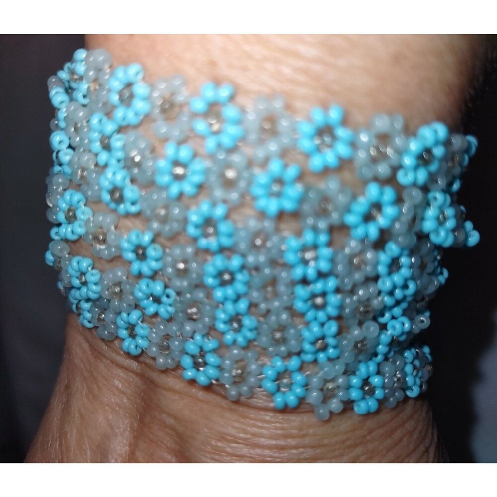 Vintage Necklace or Bracelet Long 54" Blue Plastic Flowers Beads